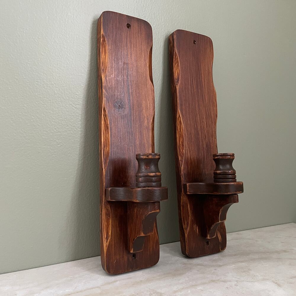 Vintage Pair Solid Wood Wall Sconce Candle Holders - Farmhouse Rustic Decor